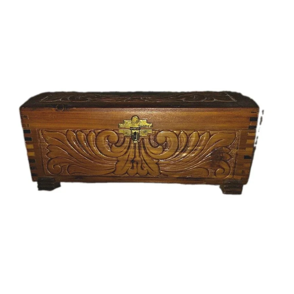 Vintage Mid-Century Carved Cedar Jewelry Box with Cottage Scene Interior Mirror
